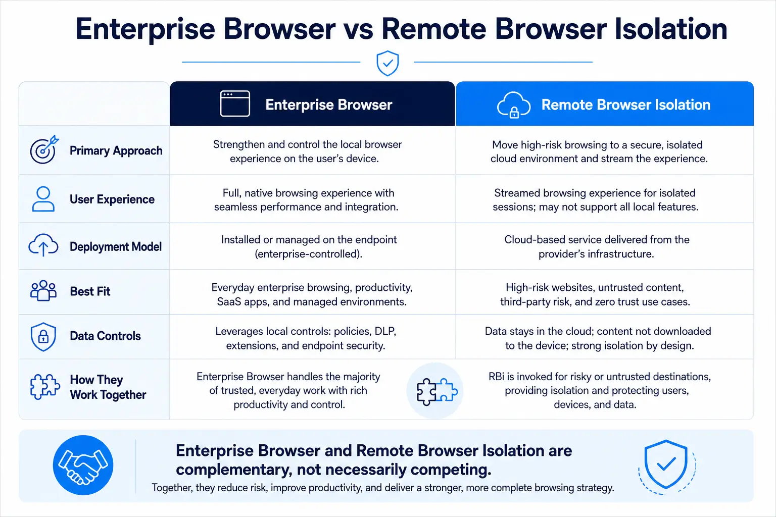 Comparison chart of enterprise browser vs remote browser isolation across approach, user experience, deployment, best fit, and data controls